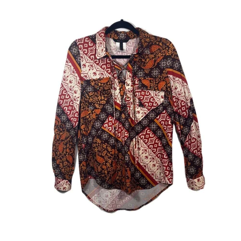 BCBG Max Azria Women's Size Small Lace-Front Scarf Pattern Long Sleeve Blouse
